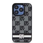 DKNY PU kožený zadný kryt s kockovaným vzorom a pruhmi pre iPhone 13 Pro Max Black