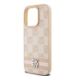 DKNY PU kožený zadný kryt s kockovaným vzorom a pruhmi pre iPhone 13 Pro Max Pink