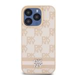DKNY PU kožený zadný kryt s kockovaným vzorom a pruhmi pre iPhone 13 Pro Pink