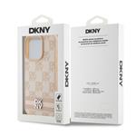 DKNY PU kožený zadný kryt s kockovaným vzorom a pruhmi pre iPhone 13 Pro Pink