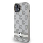 DKNY PU kožený zadný kryt s kockovaným vzorom a pruhmi pre iPhone 14 béžový