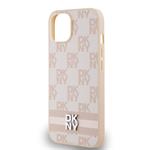 DKNY PU kožený zadný kryt s kockovaným vzorom a pruhmi pre iPhone 14 Pink