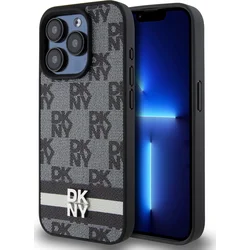 DKNY PU kožený zadný kryt s kockovaným vzorom a pruhmi pre iPhone 14 Pro Black