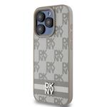 DKNY PU kožený zadný kryt s kockovaným vzorom a pruhmi pre iPhone 14 Pro Max Beige