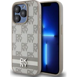 DKNY PU kožený zadný kryt s kockovaným vzorom a pruhmi pre iPhone 14 Pro Max Beige