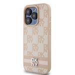 DKNY PU kožený zadný kryt s kockovaným vzorom a pruhmi pre iPhone 14 Pro Pink