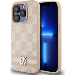 DKNY PU kožený zadný kryt s kockovaným vzorom a pruhmi pre iPhone 14 Pro Pink