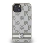 DKNY PU kožený zadný kryt s kockovaným vzorom a pruhmi pre iPhone 15 Beige