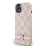 DKNY PU kožený zadný kryt s kockovaným vzorom a pruhmi pre iPhone 15 Pink