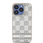 DKNY PU kožený zadný kryt s kockovaným vzorom a pruhmi pre iPhone 15 Pro Beige