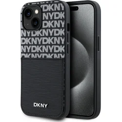 DKNY PU kožený zadný kryt s opakujúcim sa vzorom na karty pre iPhone 14 Black