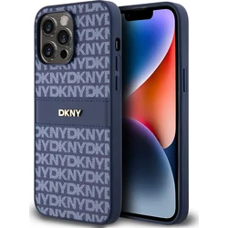 DKNY PU kožený zadný kryt s opakujúcim sa vzorom pre iPhone 14 Pro Blue