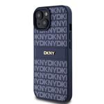 DKNY PU kožený zadný kryt s opakujúcim sa vzorom pre iPhone 15 Blue