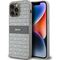 DKNY PU kožený zadný kryt s opakujúcim sa vzorom pre iPhone 15 Pro Max Beige