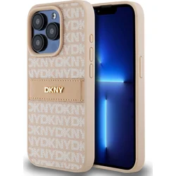 DKNY PU kožený zadný kryt s opakujúcim sa vzorom pre iPhone 15 Pro Pink