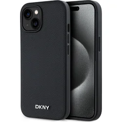 DKNY PU kožený zadný kryt Silver Metal Logo Magsafe pre iPhone 14 Black