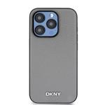 DKNY PU kožený zadný kryt Silver Metal Logo Magsafe pre iPhone 14 Pro Grey