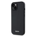 DKNY PU kožený zadný kryt Silver Metal Logo Magsafe pre iPhone 15 Black