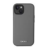 DKNY PU kožený zadný kryt Silver Metal Logo Magsafe pre iPhone 15 Grey