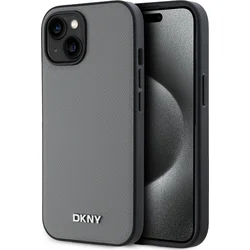 DKNY PU kožený zadný kryt Silver Metal Logo Magsafe pre iPhone 15 Grey