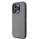 DKNY PU kožený zadný kryt Silver Metal Logo Magsafe pre iPhone 15 Pro Grey