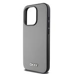 DKNY PU kožený zadný kryt Silver Metal Logo Magsafe pre iPhone 15 Pro Grey
