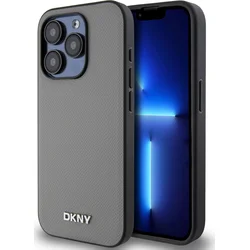 DKNY PU kožený zadný kryt Silver Metal Logo Magsafe pre iPhone 15 Pro Grey