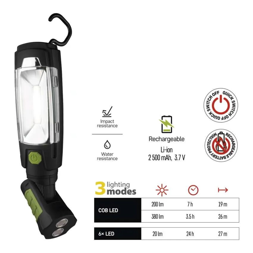 Dobíjacia pracovná baterka P4518 COB LED + LED, 380 lm, 2500 mAh