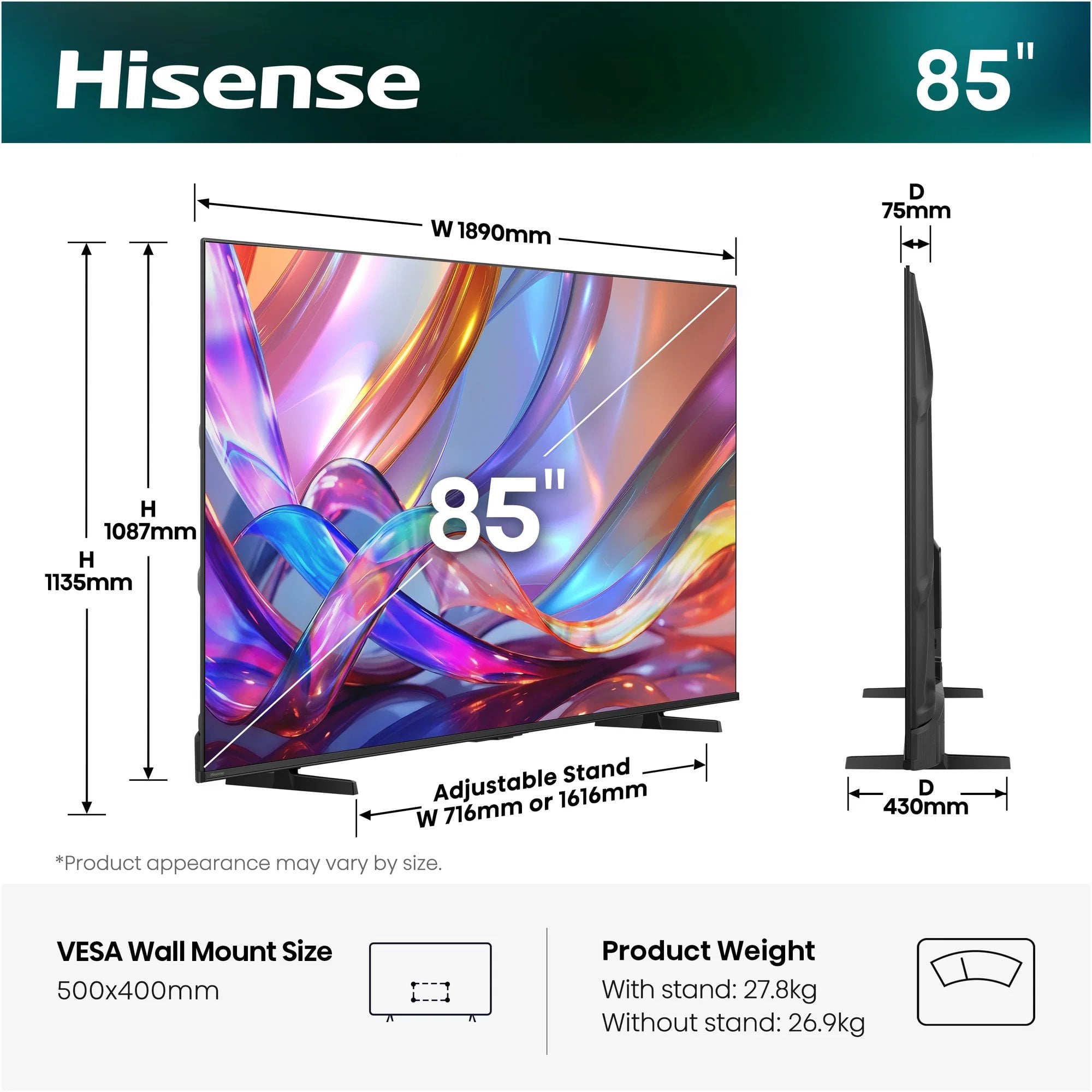 DTT HISENSE 85E7S QLED, 215 cm, 4K Ultra HD, 60 Hz, HDR10+, DVB-T2/S2/C