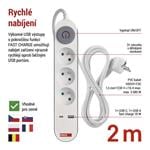 Emos prodlužovací kabel 2 m / 3 zásuvky / s vypínačem / bílý / 1×USB-A + 1×USB-C / 1,5 mm2