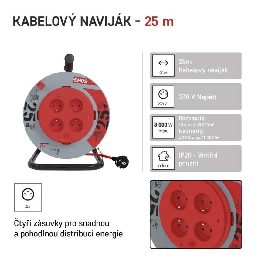 EMOS Prodlužovací kabel na bubnu, pevný střed, 25m