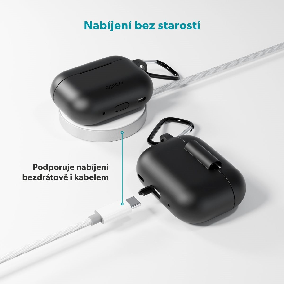 Epico silikonové pouzdro s karabinou | AirPods Pro 3 | černá | bezpečnostní karabina