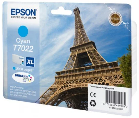 Epson T7022 XL Cyan, až 2000 strán, pre série WP4000/4500 (WP-4015,WP-4025,WP-4515,WP-4525,WP-4535,WP-4545) - originálne C13T7022
