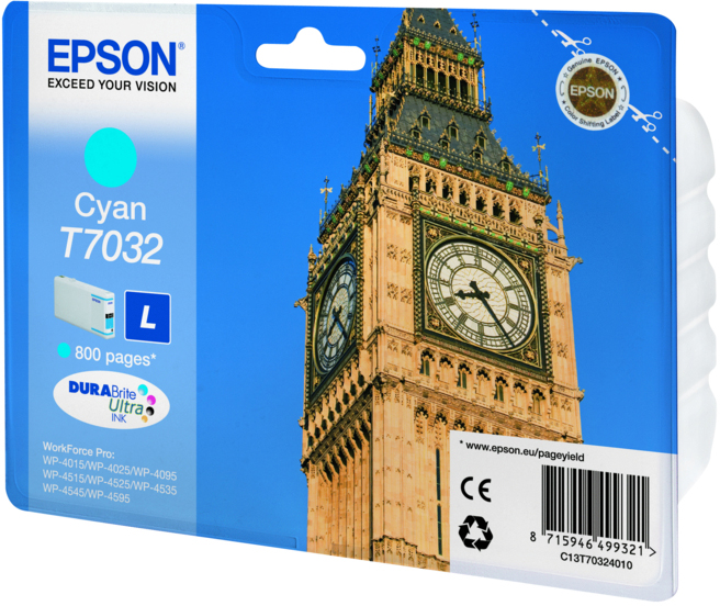 Epson T7032 L Cyan, až 800 strán, pre série WP4000/4500 (WP-4015,WP-4025,WP-4515,WP-4525,WP-4535,WP-4545) - originálne C13T703240
