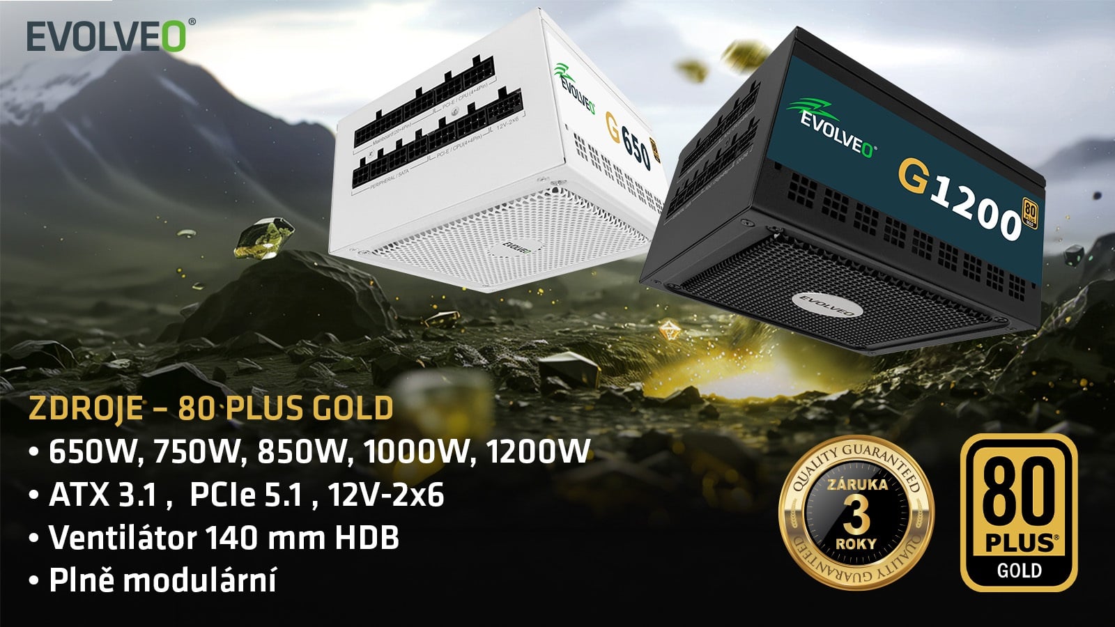 EVOLVEO G850, 850W, 80+ GOLD, ATX 3.1, PCIe 5.1, modulárny