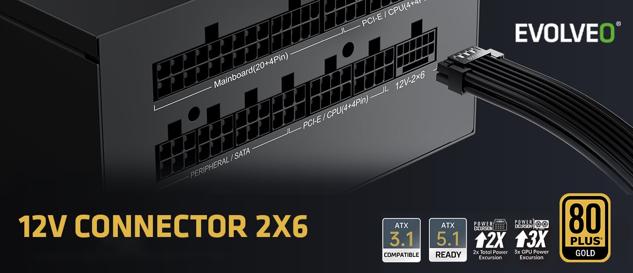 EVOLVEO G850, 850W, 80+ GOLD, ATX 3.1, PCIe 5.1, modulárny