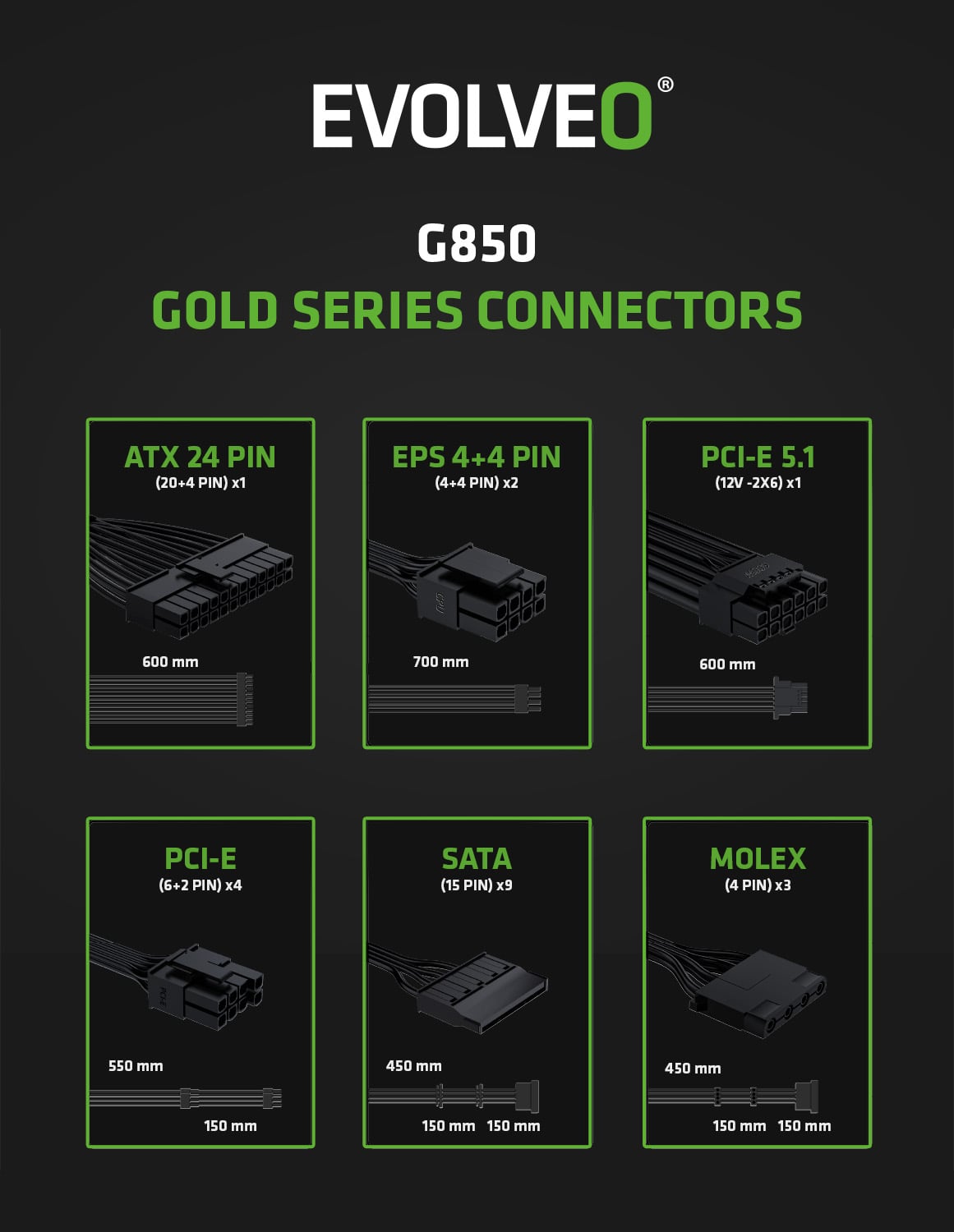 EVOLVEO G850, 850W, 80+ GOLD, ATX 3.1, PCIe 5.1, modulárny