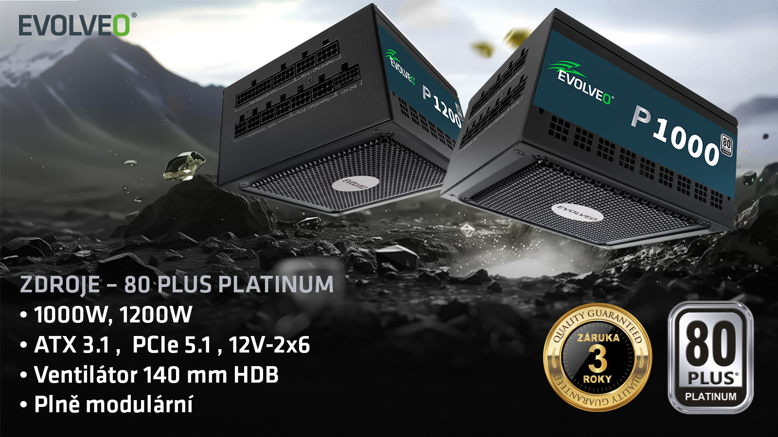 EVOLVEO P1000, 1000W, 80+ PLATINUM, ATX 3.1, PCIe 5.1, modulárny
