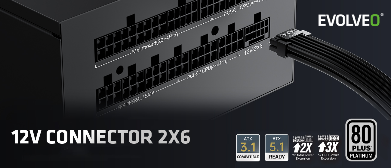 EVOLVEO P1000, 1000W, 80+ PLATINUM, ATX 3.1, PCIe 5.1, modulárny