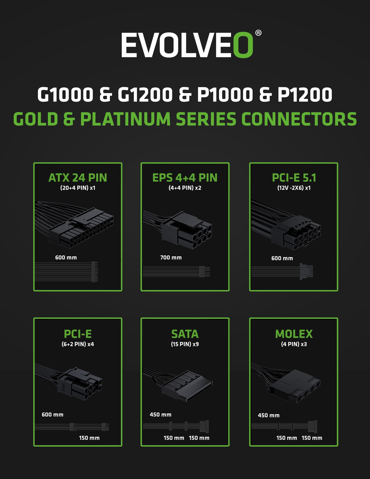 EVOLVEO P1000, 1000W, 80+ PLATINUM, ATX 3.1, PCIe 5.1, modulárny