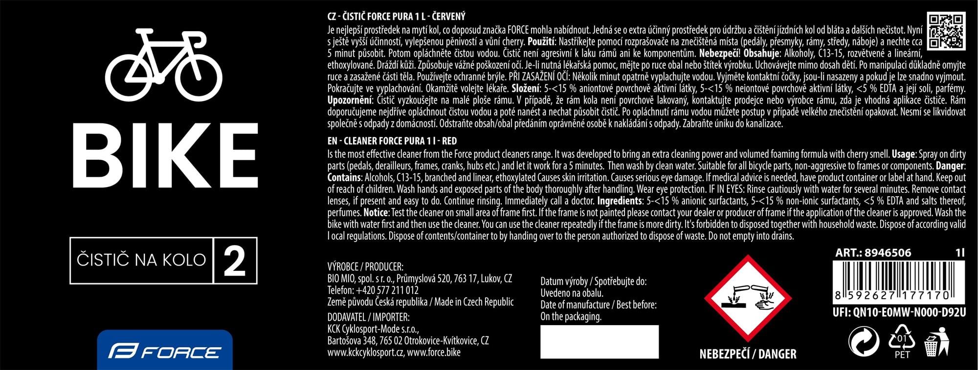 FORCE PURA čistič k doplnění - 1l červený, cherry