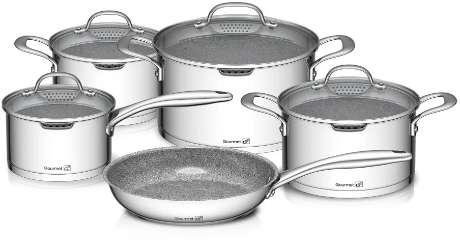 G21 Súprava riadu Gourmet Miracle s cedníkom, 9 dielov, nerez/greblón G21-004NG