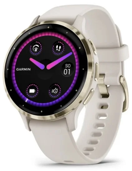 Garmin Venu 3S, Nerezová luneta Soft Gold, pouzdro Ivory, silikonový řemínek