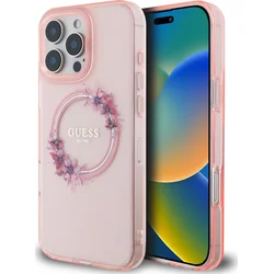 Guess IML Flowers Ring MagSafe Zadní Kryt pro iPhone 16 Pro Pink