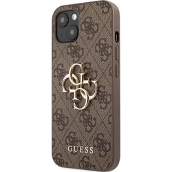 Guess PU 4G Kovový zadný kryt s logom pre iPhone 13 Brown