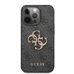 Guess PU 4G Kovový zadný kryt s logom pre iPhone 13 Pro Max Grey