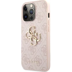 Guess PU 4G Kovový zadný kryt s logom pre iPhone 13 Pro Max Pink