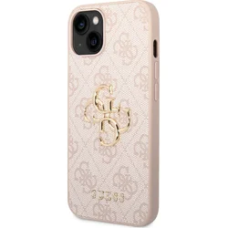 Guess PU 4G Kovový zadný kryt s logom pre iPhone 14 Pink