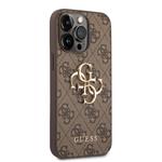 Guess PU 4G Kovový zadný kryt s logom pre iPhone 14 Pro Brown