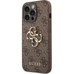 Guess PU 4G Kovový zadný kryt s logom pre iPhone 14 Pro Max Brown